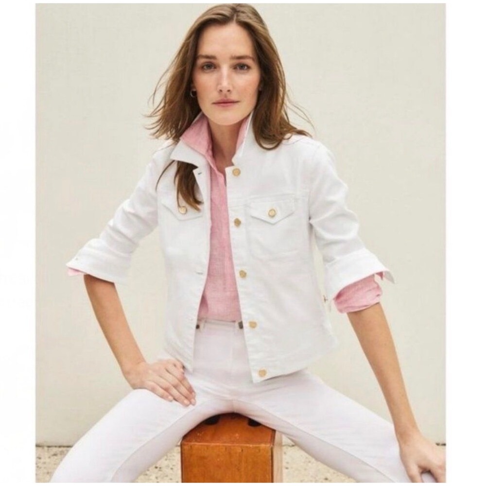 J. McLaughlin Old Money White Denim Gold Button Coastal Nautical Jacket DenimXS